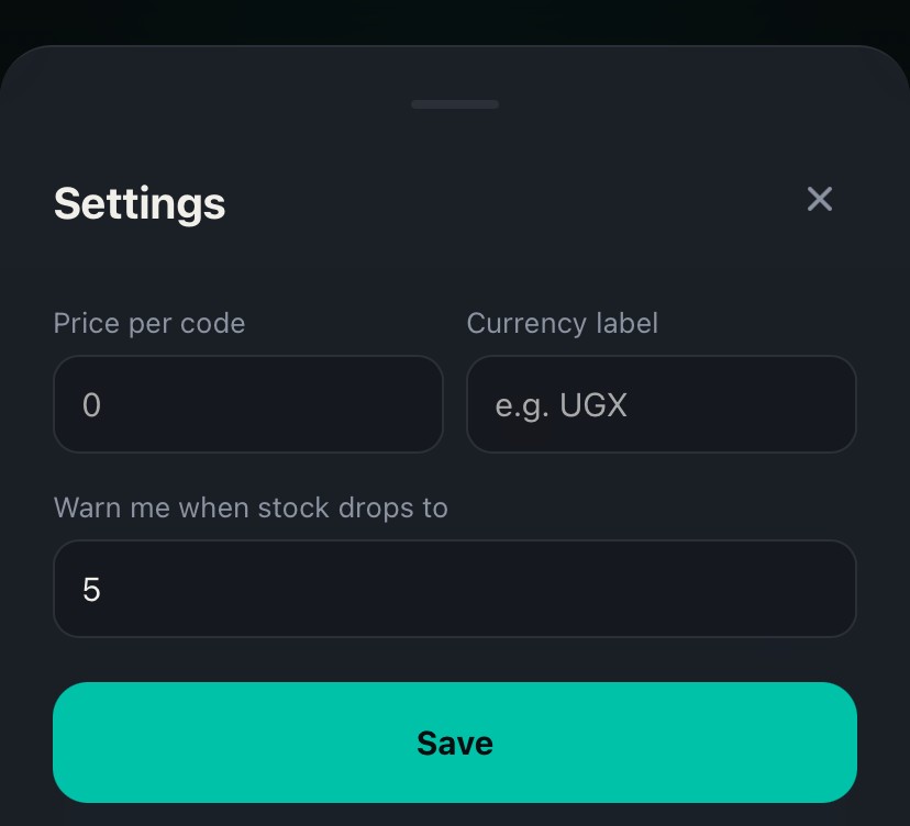 My WiFi settings — price per code, currency, low-stock warning